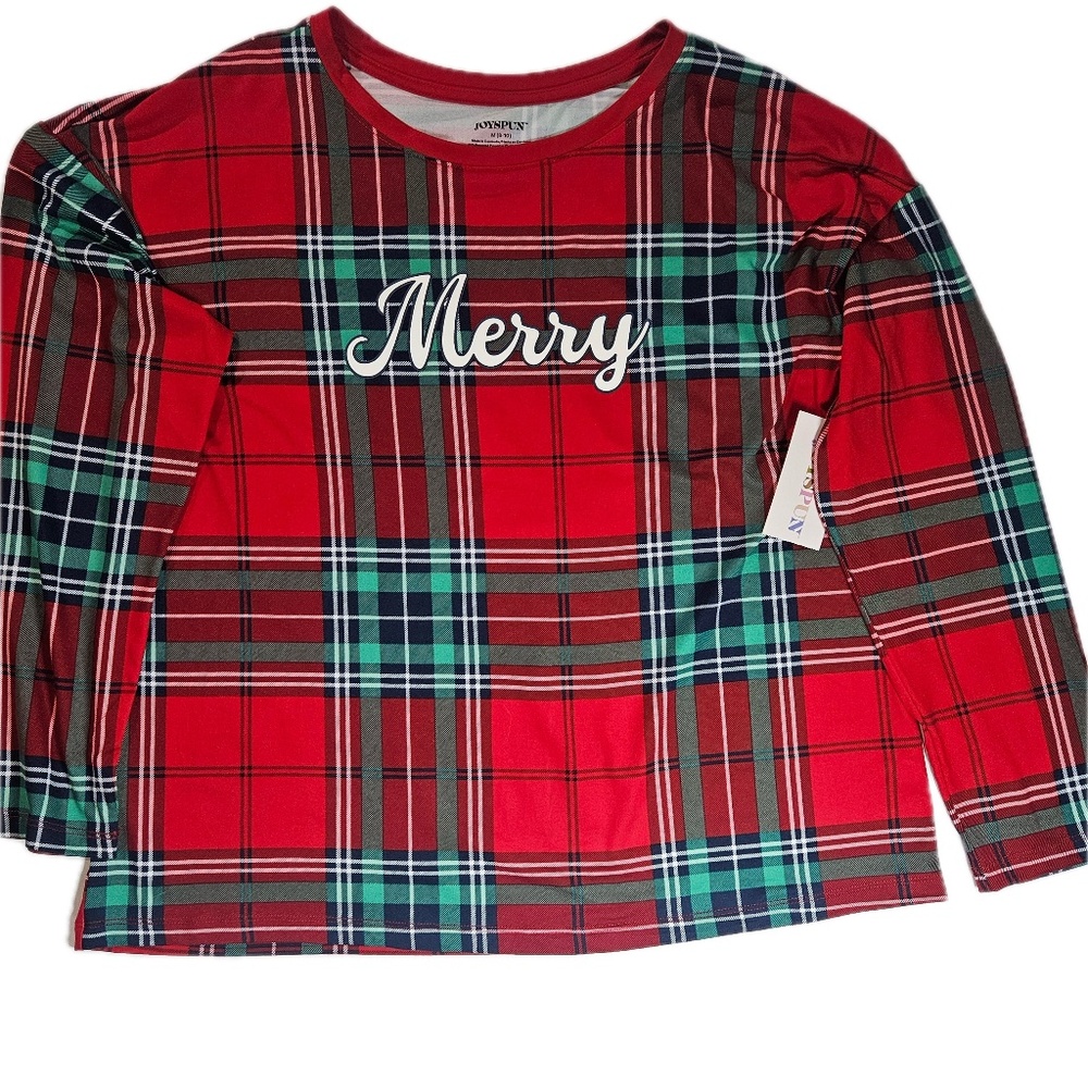 Joyspun Shirt Womens Medium Red Green Plaid Merry Long Sleeve Christmas‎ Lounge